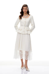 Iver White Lace Panel Tweed Midi Dress