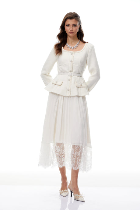 Giannina Midi Dress White Lace Panel Tweed