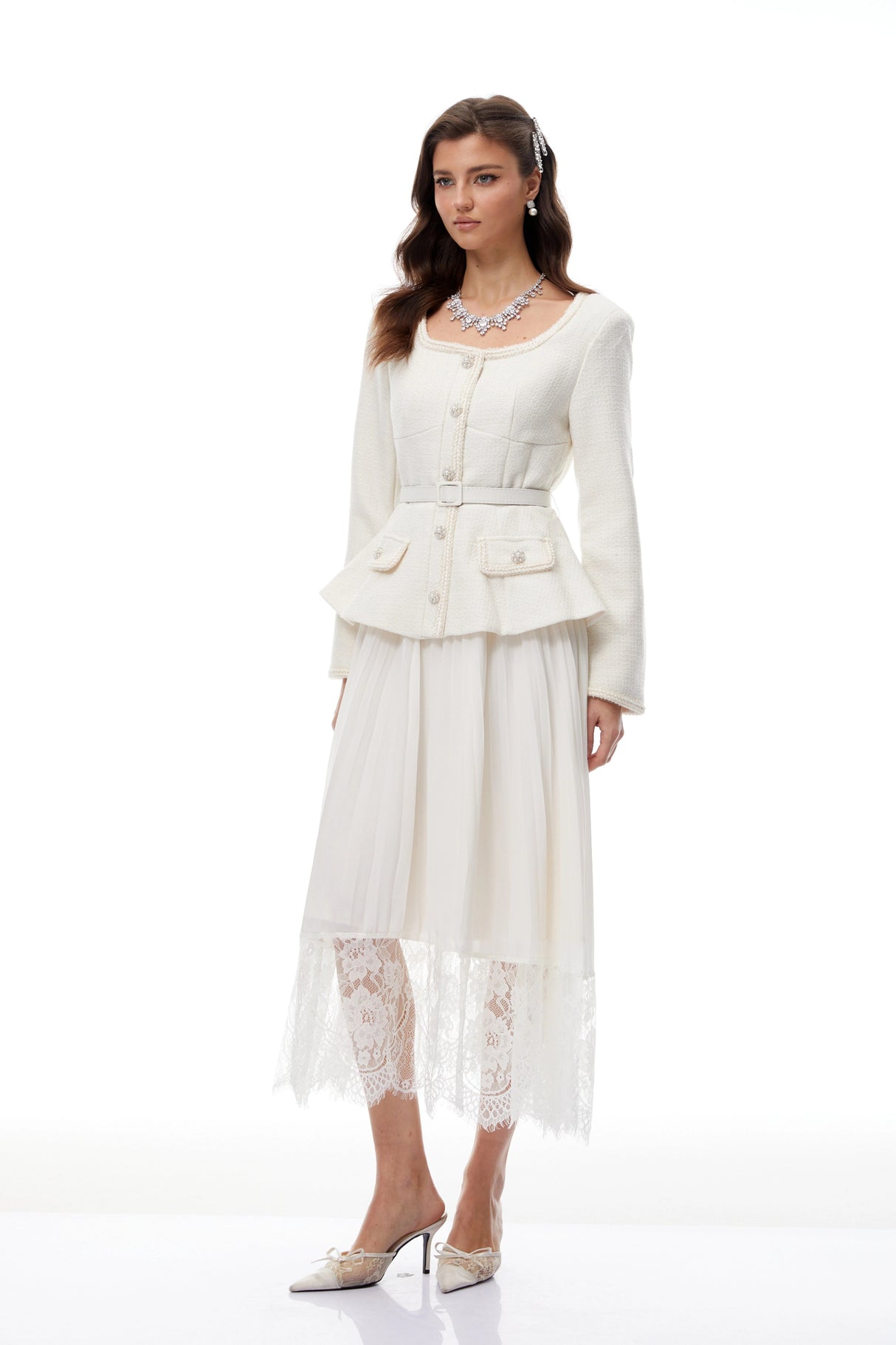 Iver White Lace Panel Tweed Midi Dress