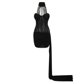 Ivona Black Halterneck Ribbon Design Mini Dress