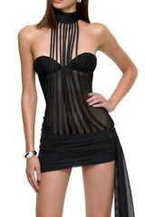 Ivona Black Halterneck Ribbon Design Mini Dress