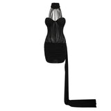 Ivona Black Halterneck Ribbon Design Mini Dress