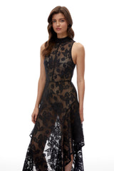 Ivy Black Floral Lace Asymmetrical Maxi Dress