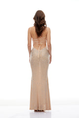 Izefia Neutral Open Back Embellished Maxi Dress