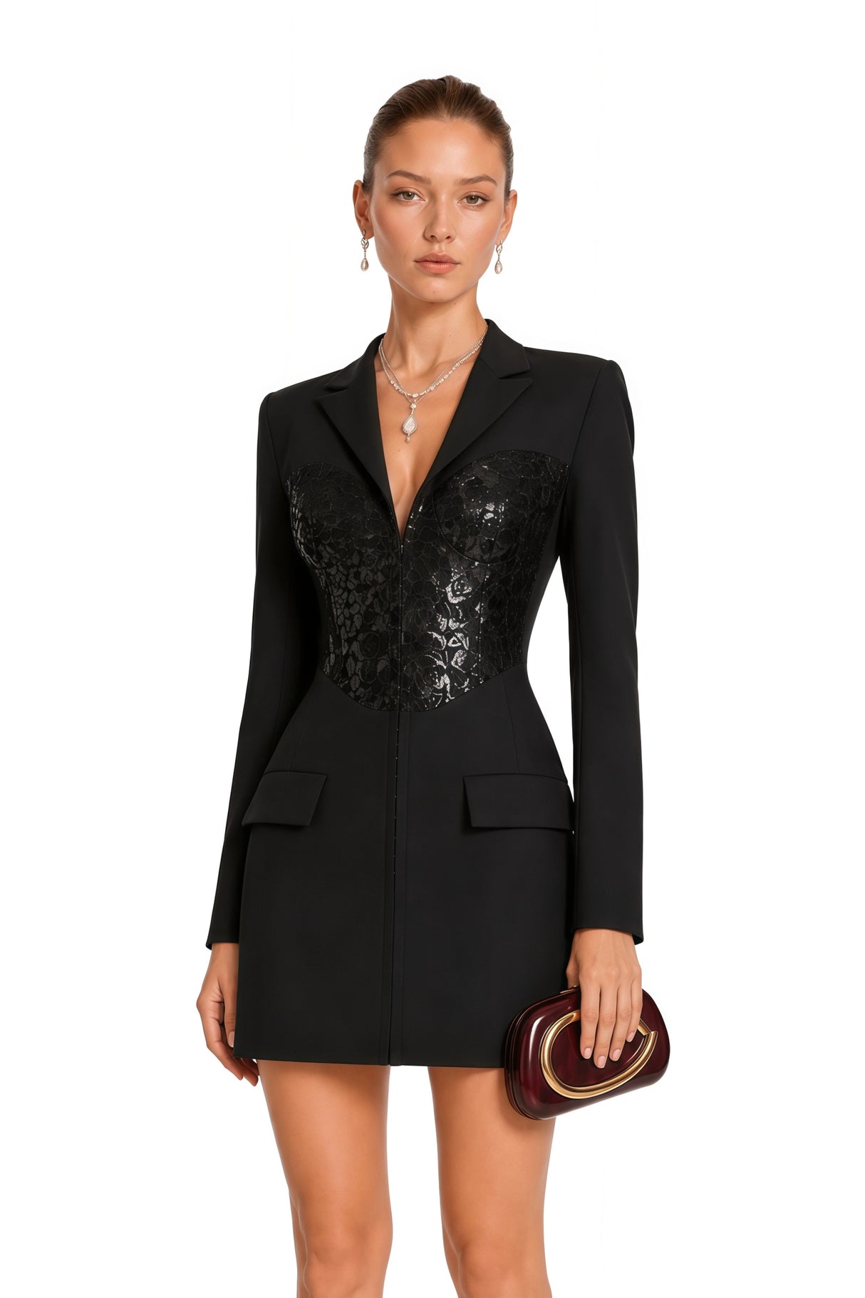 Jacinta Black Lace Panel Mini Blazer Dress