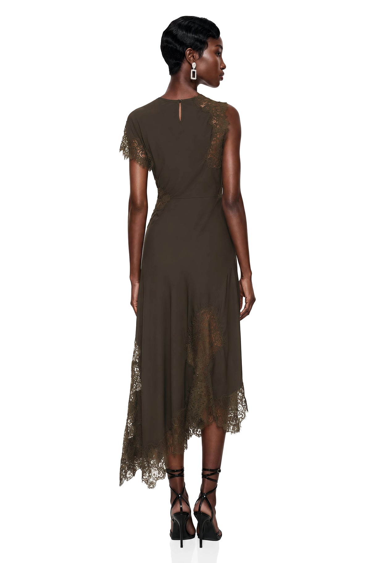 Jacinta Chocolate Brown Asymmetrical Midi Dress with Lace Panels