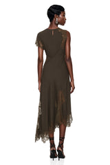 Jacinta Chocolate Brown Asymmetrical Midi Dress with Lace Panels