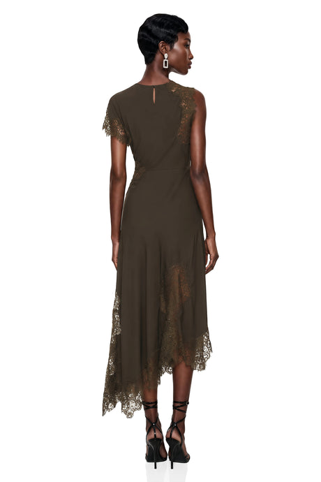 Miriana Midi Dress Chocolate Brown Asymmetrical with Lace Panels