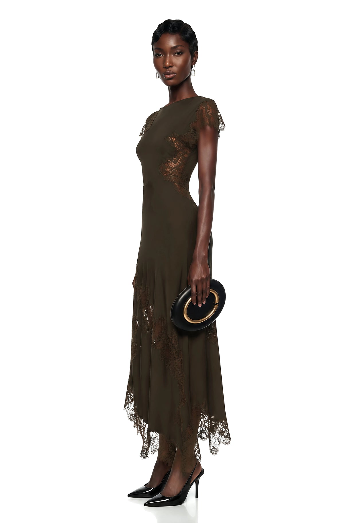 Jacinta Chocolate Brown Asymmetrical Midi Dress with Lace Panels