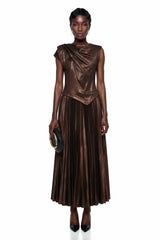 Jacinta Chocolate Brown Asymmetrical Pleated Maxi Dress
