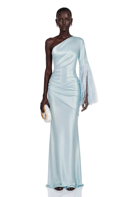Ellie Maxi Dress Light Blue One Shoulder Fringe