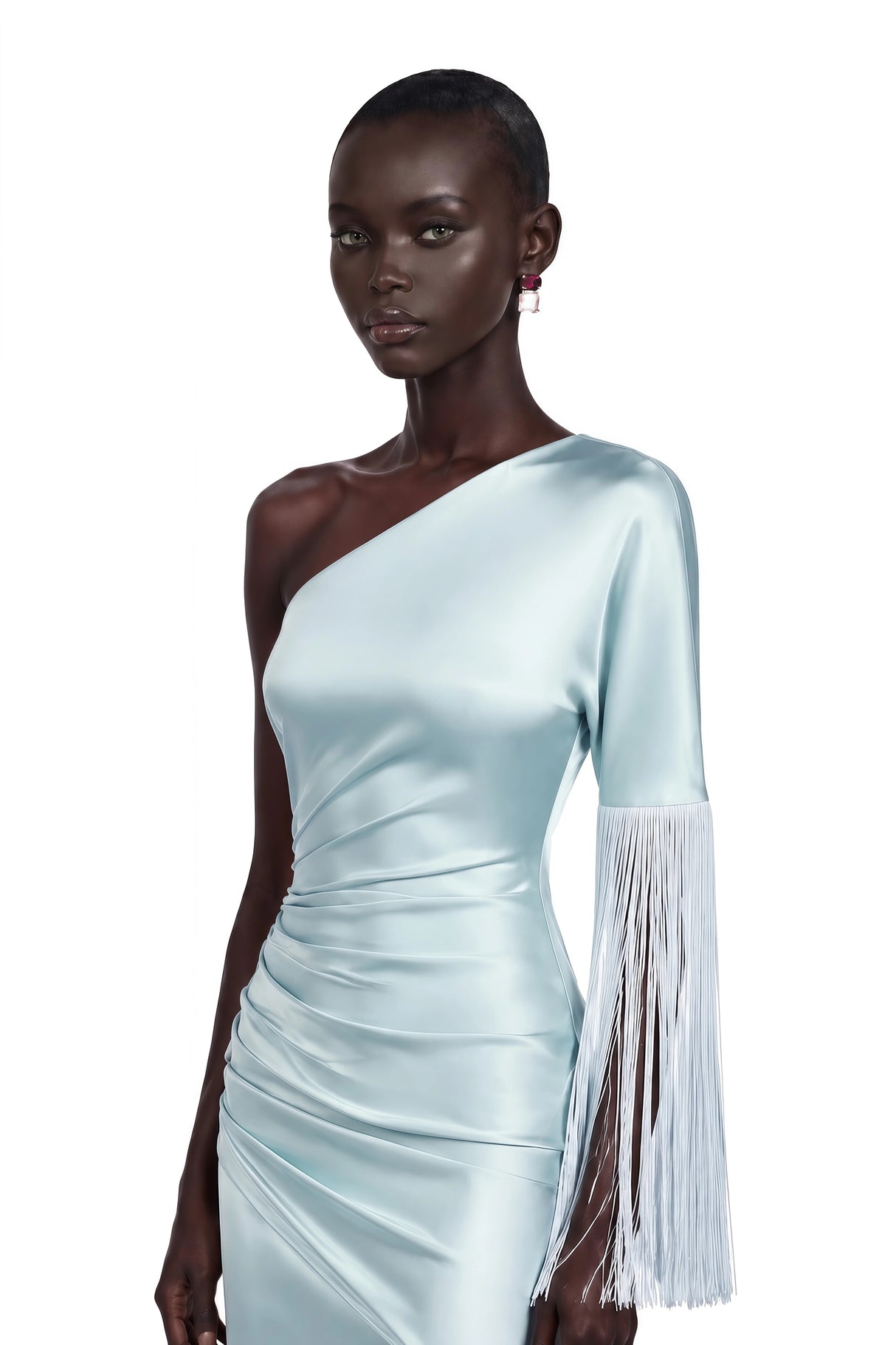 Jacinta Light Blue One Shoulder Fringe Maxi Dress
