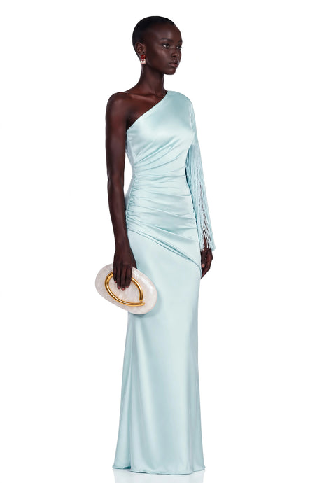 Ellie Maxi Dress Light Blue One Shoulder Fringe