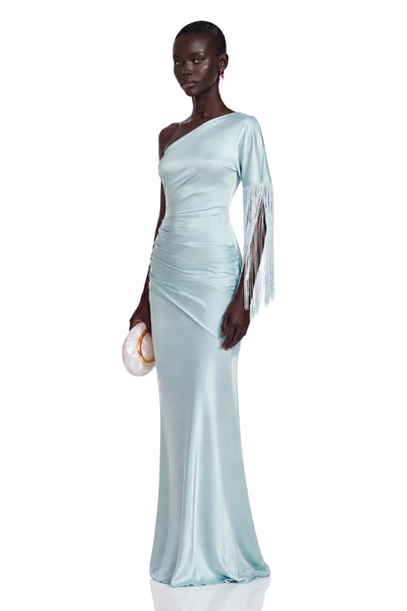 Ellie Maxi Dress Light Blue One Shoulder Fringe