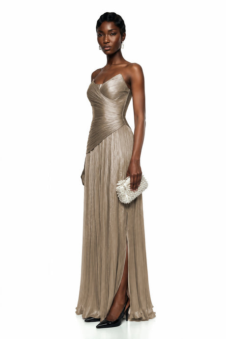 Jasmine Maxi Dress Beige Off Shoulder Pleated