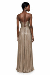 Jacinthe Beige Off Shoulder Pleated Maxi Dress
