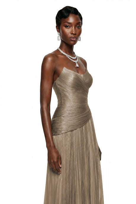 Jasmine Maxi Dress Beige Off Shoulder Pleated