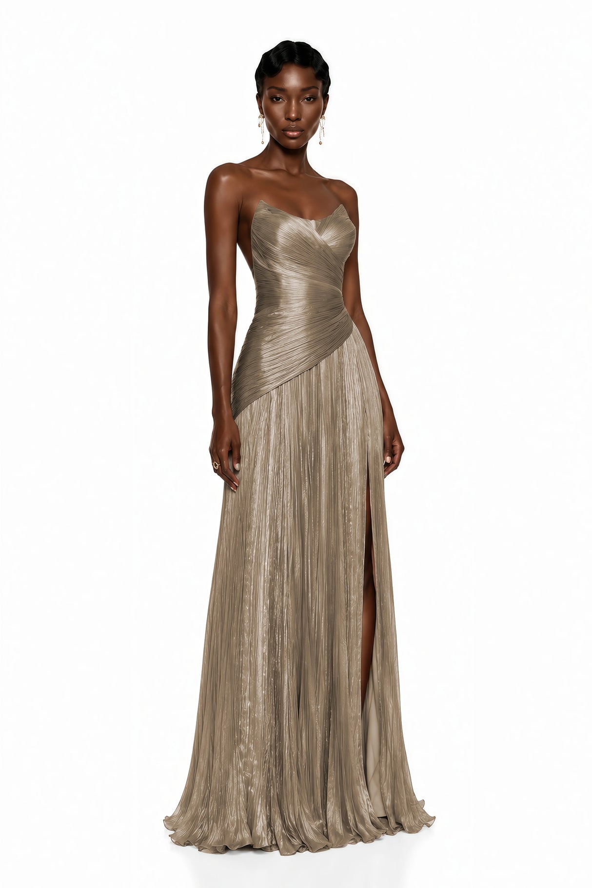 Jacinthe Beige Off Shoulder Pleated Maxi Dress