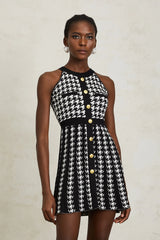 Jacqueline Black Houndstooth Crochet Knit Mini Dress