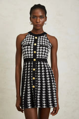 Jacqueline Black Houndstooth Crochet Knit Mini Dress