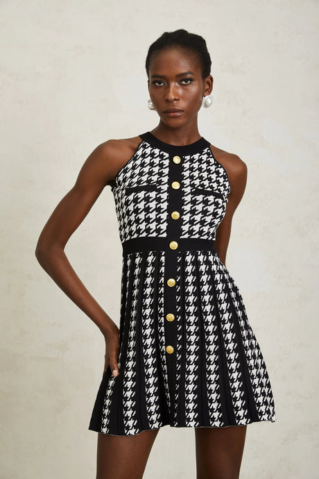 Tecla Mini Dress Black Houndstooth Crochet Knit
