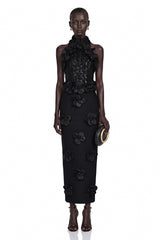 Jacqueline Black Sleeveless Maxi Dress with 3D Petals