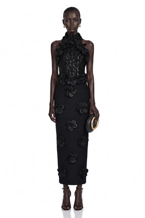Jacqueline Black Sleeveless Maxi Dress with 3D Petals