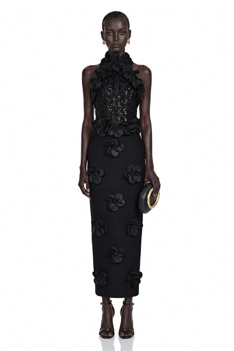 Isabelle Maxi Dress Black Sleeveless with 3D Petals