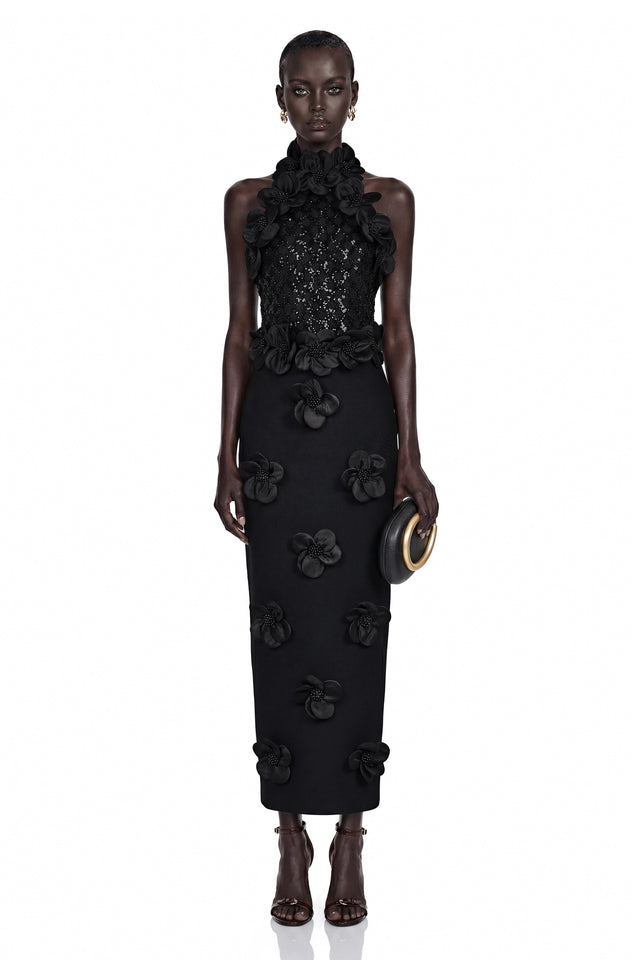 Jacqueline Black Sleeveless Maxi Dress with 3D Petals