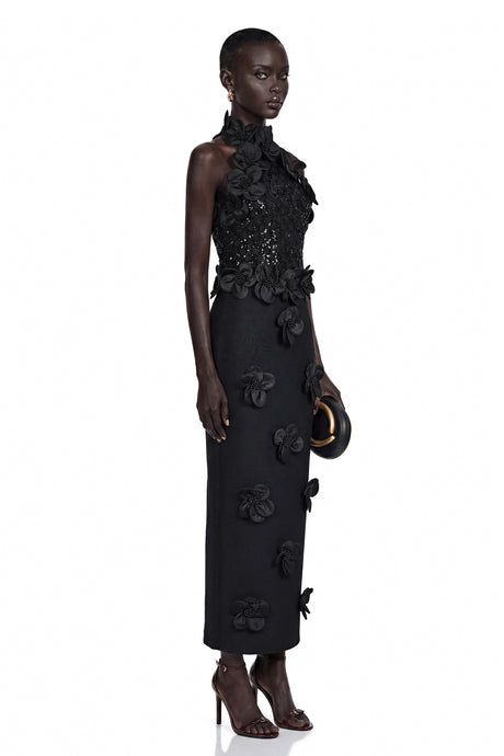 Isabelle Maxi Dress Black Sleeveless with 3D Petals