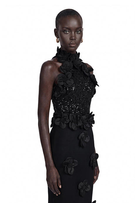 Isabelle Maxi Dress Black Sleeveless with 3D Petals