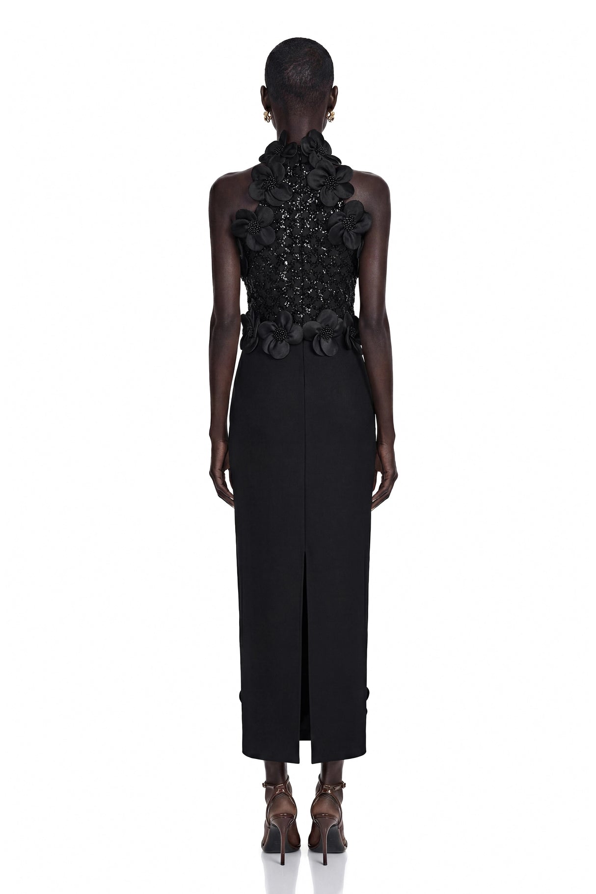 Jacqueline Black Sleeveless Maxi Dress with 3D Petals