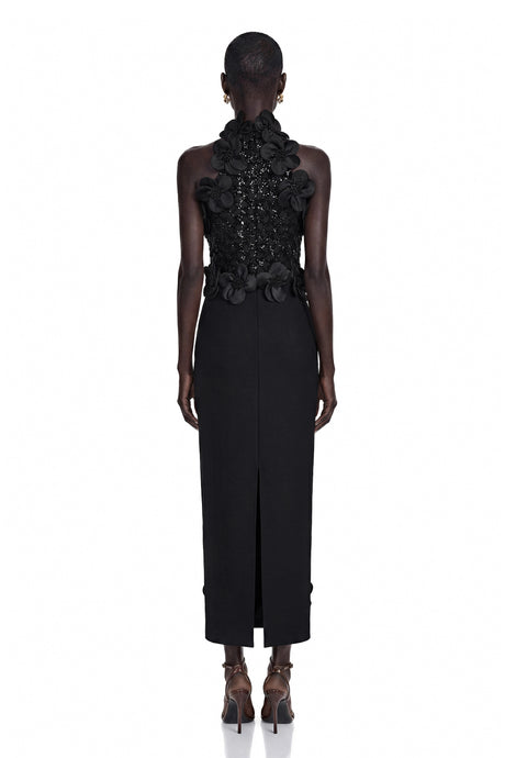 Isabelle Maxi Dress Black Sleeveless with 3D Petals