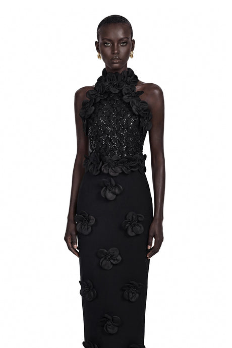 Isabelle Maxi Dress Black Sleeveless with 3D Petals