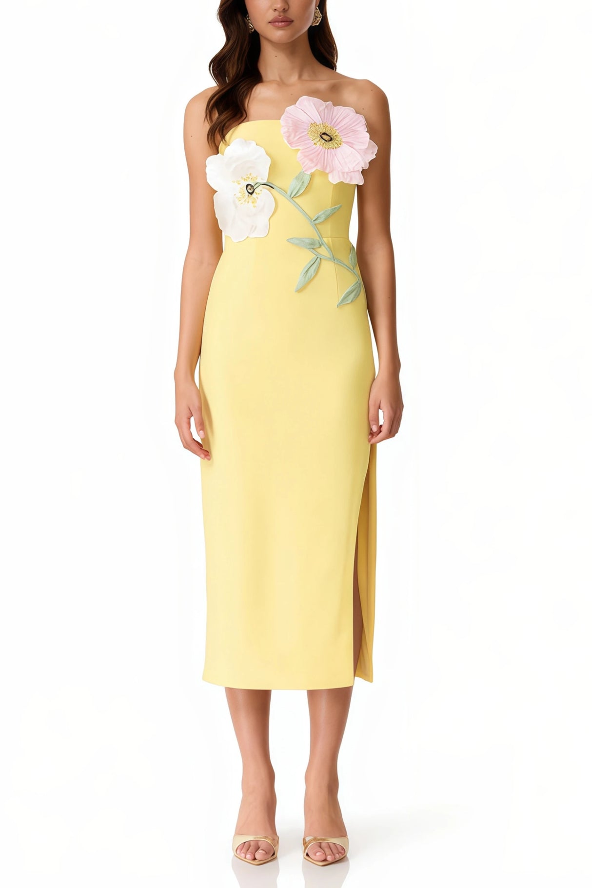 Jacqueline Yellow Floral Appliqué Midi Dress