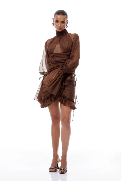 Armanda Mini Dress Brown Ruched Tulle