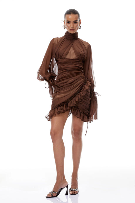 Armanda Mini Dress Brown Ruched Tulle