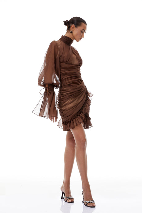 Armanda Mini Dress Brown Ruched Tulle