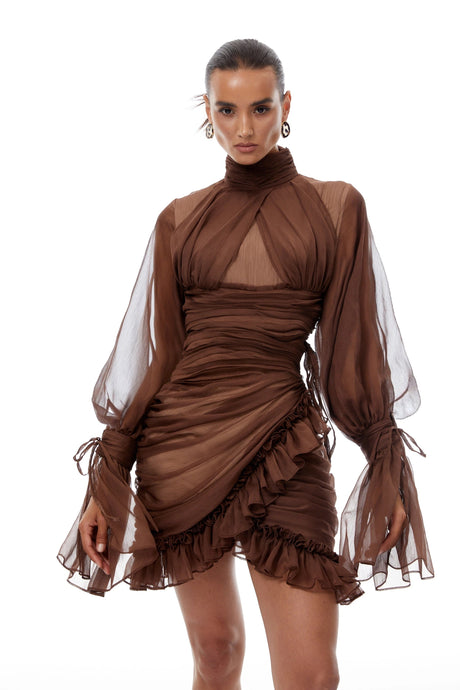 Armanda Mini Dress Brown Ruched Tulle
