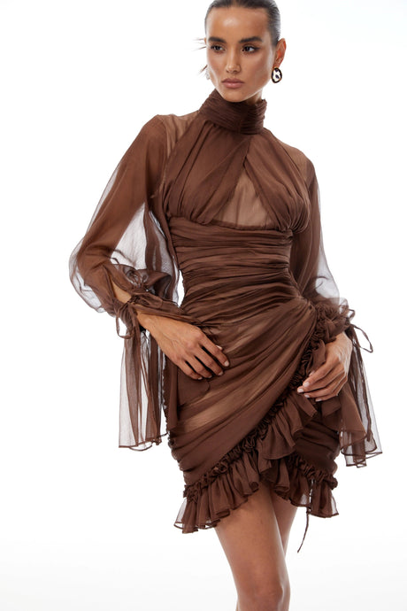 Armanda Mini Dress Brown Ruched Tulle