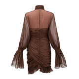 Jade Brown Ruched Tulle Mini Dress