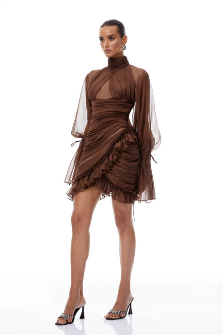 Armanda Mini Dress Brown Ruched Tulle