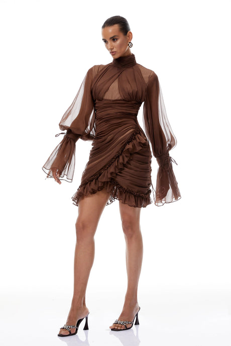 Armanda Mini Dress Brown Ruched Tulle