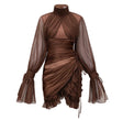 Jade Brown Ruched Tulle Mini Dress