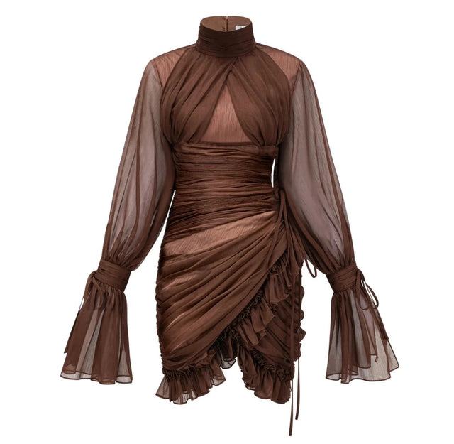Jade Brown Ruched Tulle Mini Dress