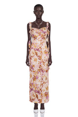 Jade Purple Sweetheart Floral Print Maxi Dress with Ribbon