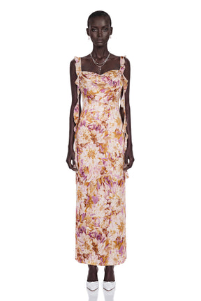 Jade Purple Sweetheart Floral Print Maxi Dress with Ribbon