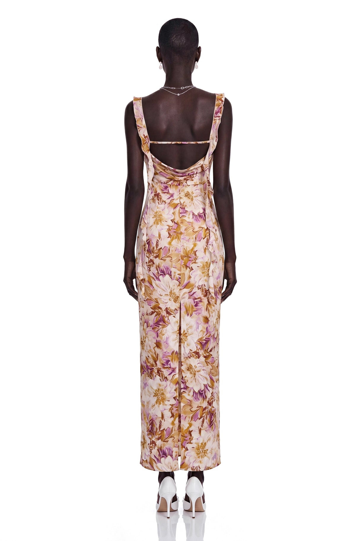 Jade Purple Sweetheart Floral Print Maxi Dress with Ribbon