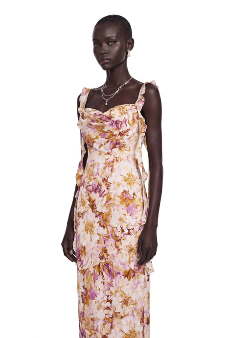 Kylie Maxi Dress Purple Sweetheart Floral Print with Ribbon