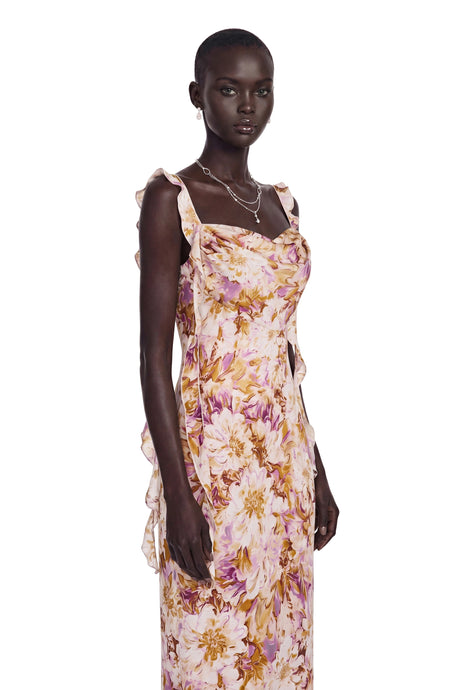 Kylie Maxi Dress Purple Sweetheart Floral Print with Ribbon